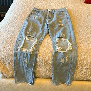 Blue Straight Leg Distressed Jeans